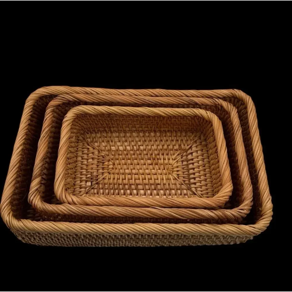Set of 3 Woven Rattan Nesting Wicker Baskets Storage Decorative Rectangular Bins